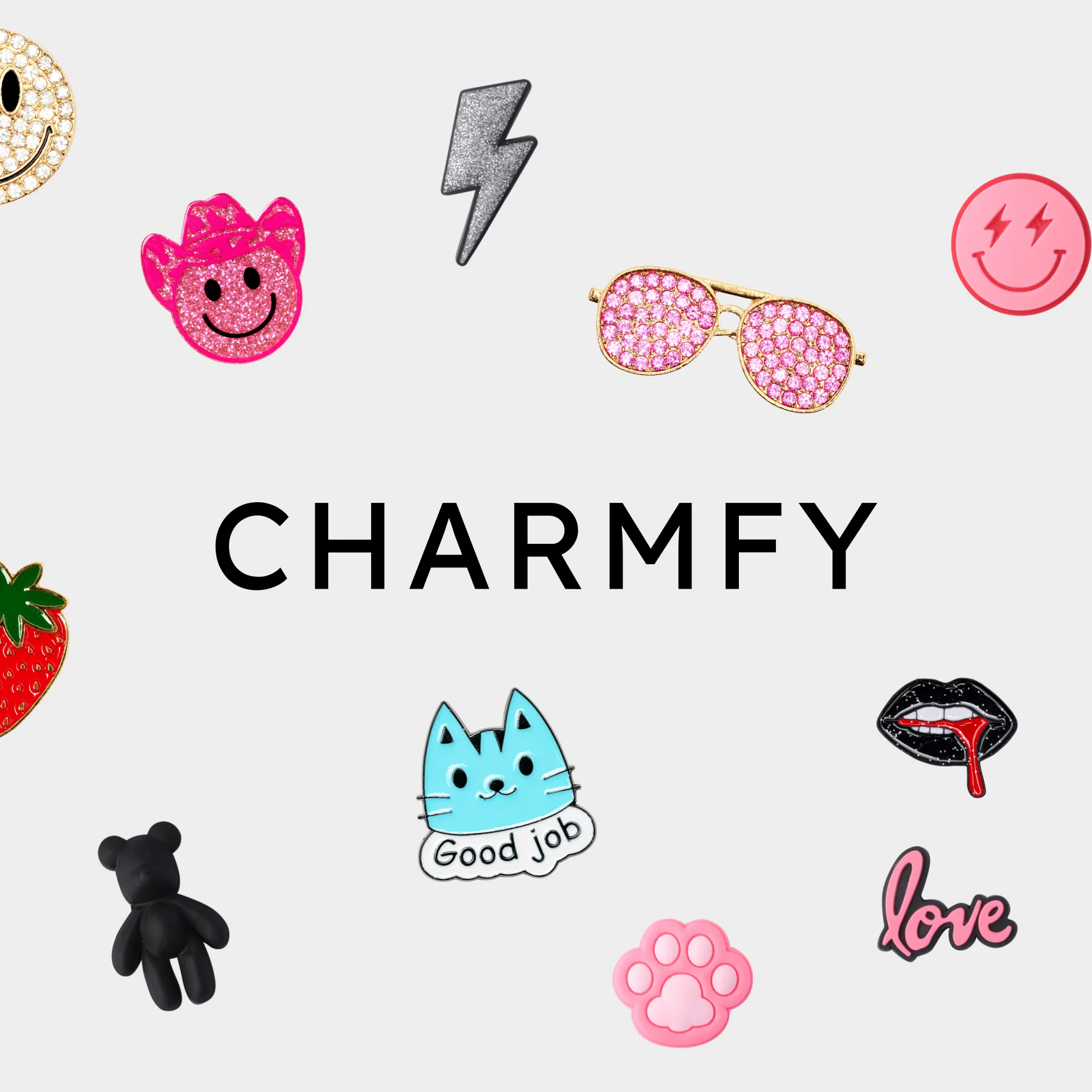 Charmfy wordmark and charm collection
